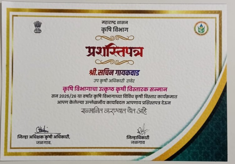 गौरव : रावेरचे उप कृषी अधिकारी सचिन गायकवाड यांचा जिल्हाधिकाऱ्यांच्या हस्ते सन्मान